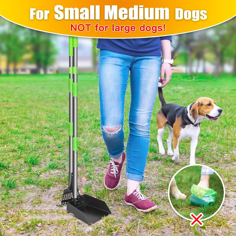 Pooper Scooper, Dog Pooper Scooper Long Handle Stainless Metal Tray and Rake for Medium Small Dogs Heavy Duty Pet Supplies to Use for Grass,