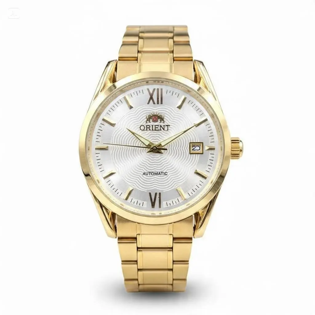 Orient Automatic Men’s Watch, Gold Tone Stainless Steel Bracelet, Roman Numeral Markers, Wave Texture Dial, Date Window, Self-Winding Mechanical Dress Watch, Classic Business Casual Wristwatch for Gentlemen,