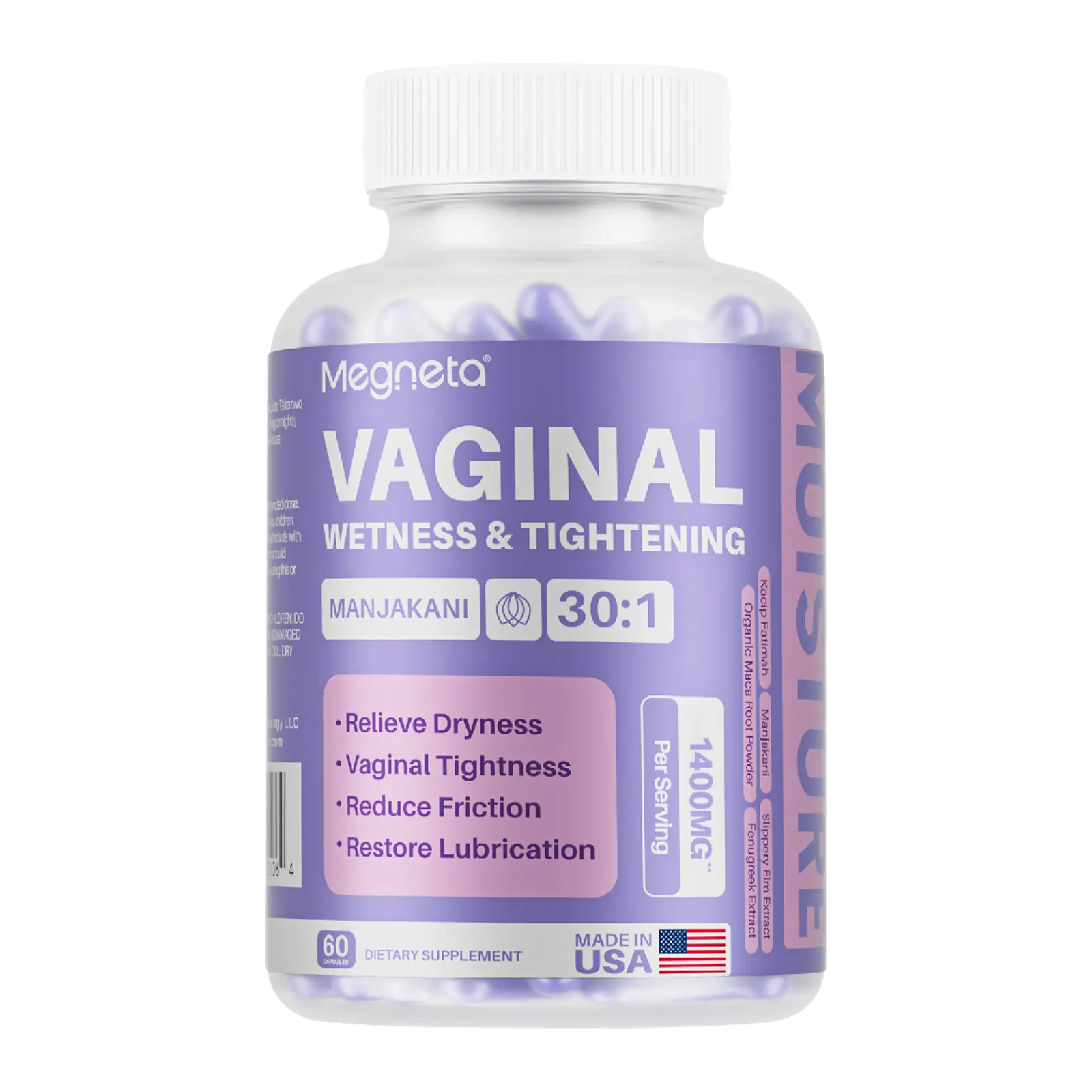 Vaginal Health Supplement for Women, Kacip Fatimah & Manjakani 30:1 Extract, Slippery Elm, Fenugreek, Made in USA, 60 Capsules | Firmness & Moisture