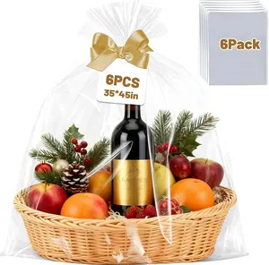 QOIUSO 6PCS Large Cellophane Gift Bags 35X45 Inch – Extra Large Clear Cellophane Wrap for Easter Gift Baskets, 2.8 Mil Thick Clear Gift Bags for Valentines, Weddings, Birthdays, and Holiday Parties