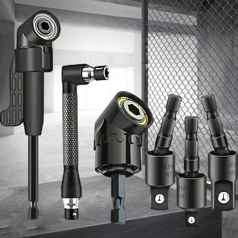 6pcs Right Angle Drill Attachment Set, Includes 3 360° Rotatable Socket Adapters, 2 Hex Shank Drill Adapters, 90° Bevel Drill Bits, Impact Drill Bit right-angle drill bit accessory set