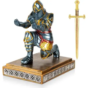 Medieval Knight Pen Holder with Sword, Kneeling 's Guard Warrior Pencil Stand Office Accessories Cool Fancy Desk Decor  for Men Father Husband Grandfather Boyfriend Boss Him