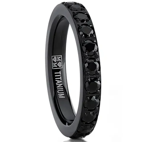 Women's 3mm Elegant Fashion CZ Ring - 1.75Ct Black Plated Titanium Eternity Band, Pave-Set Cubic Zirconia Wedding & Engagement Artificial Gemstone Ring with Complimentary Jewelry Gift Box