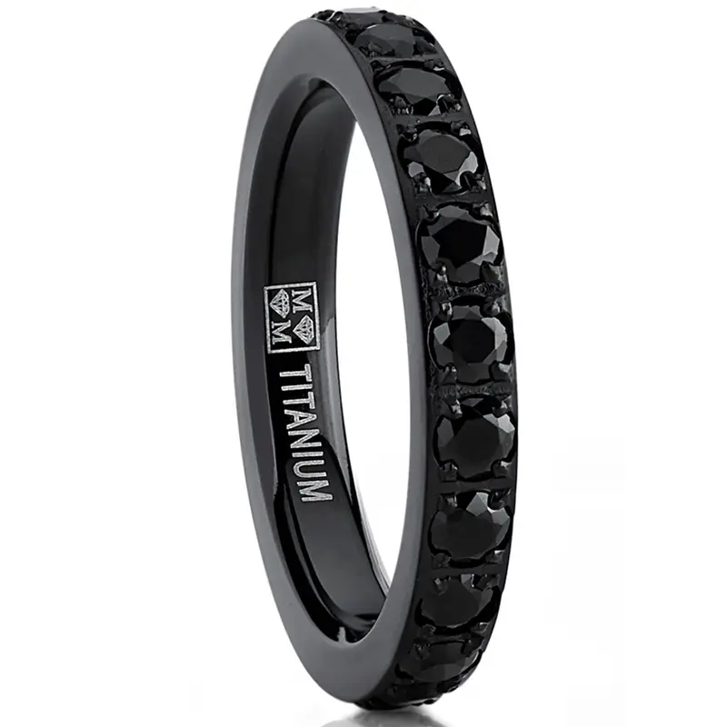 Women's 3mm Elegant Fashion CZ Ring - 1.75Ct Black Plated Titanium Eternity Band, Pave-Set Cubic Zirconia Wedding & Engagement Artificial Gemstone Ring with Complimentary Jewelry Gift Box