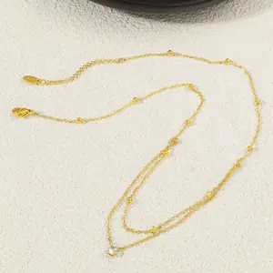 [Valentine's Day Gift]Titanium Double-Layer Necklace with Single Diamond Beads & Gold Accents, Adjustable Chain, Hypoallergenic Design, Comfortable for Daily Wear audrey  necklace  stacks