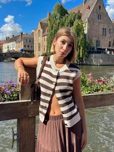 Spring Summer College Style Striped Vest Top for Women, New Sleeveless Knitted Cardigan, Fashionable Backless Design, Perfect for Casual Wear