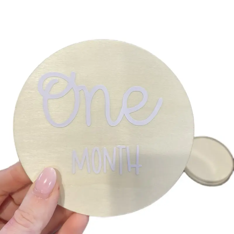 Wooden Milestone Marker - One Month Design with "ONE MONTH" Text, Circular Shape, and Simple Cursive Lettering