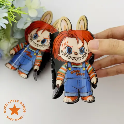 ChuckyBuu Horror Double-Sided Hair Claw Clips – Killer Doll Bunny Mix, Creepy Cute Trendy Halloween Characters Hair Accessories for Women, Girl, Gf, Bff, Daughter, Bold Designs for Daily Wear, School, Work, Birthday, Date Gifts