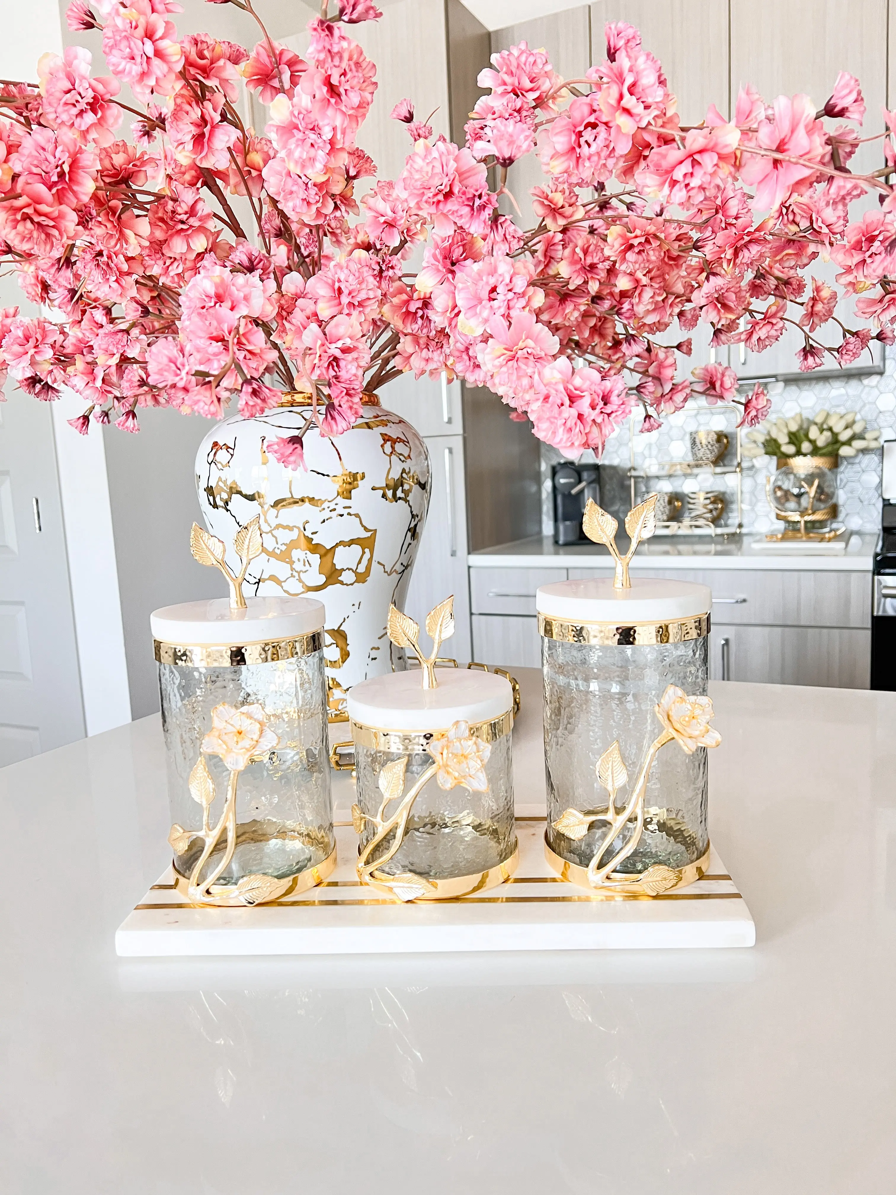 Marble Gold Lilly Flower with Leaf Canister