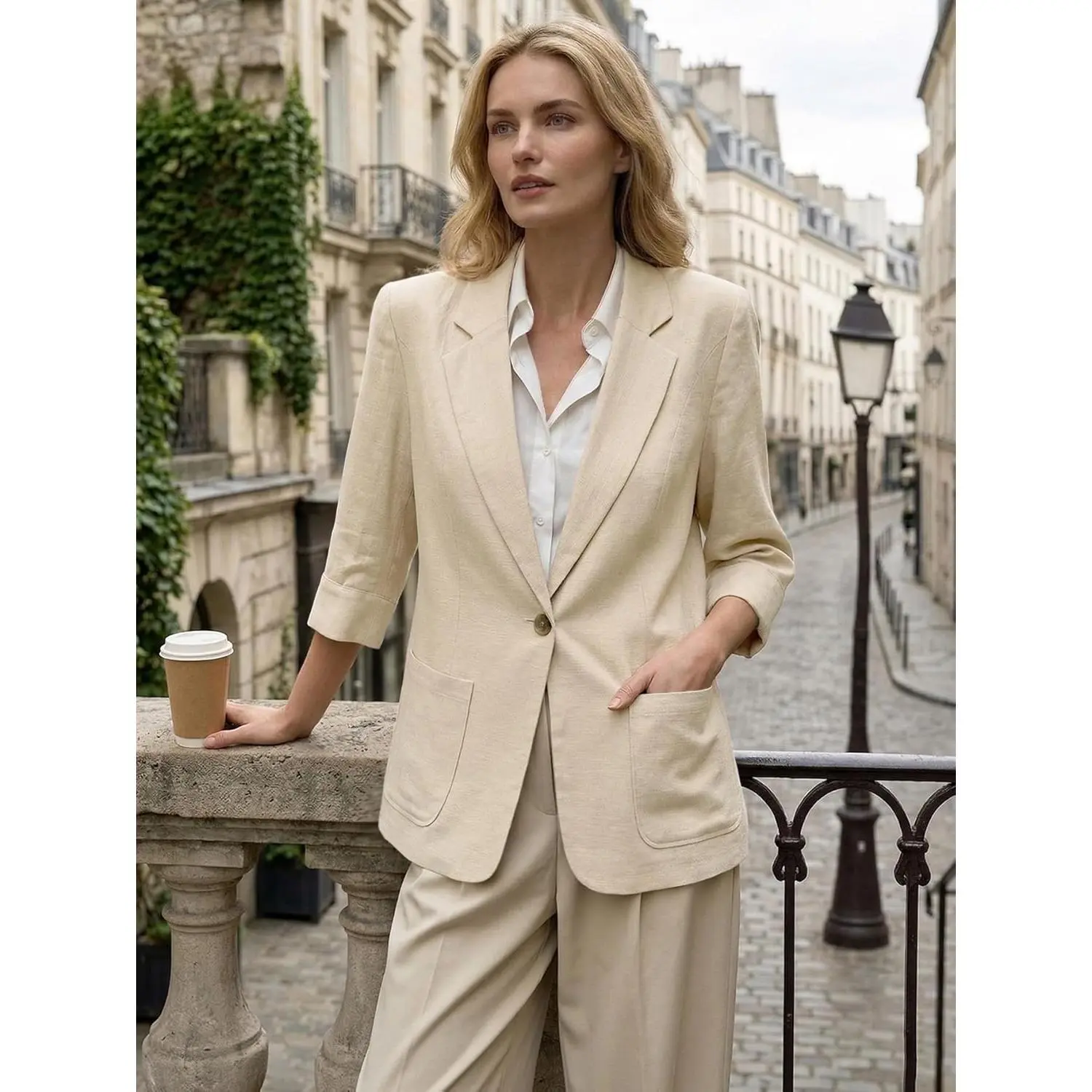 MINA SELF Lady's 2026 Summer Linen Blend Blazer - 3/4 Sleeve, Lightweight, Breathable, Lined, Button-Front, Pockets, Low Iron, Basic Elegant Smart Casual Work Jacket, Work & Travel, Wardrobe Staple, Ready To Wear, Avoid Bleach Or Harsh Detergents, Busines