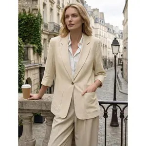Mina Self 2026 Summer Women's Chic 3/4 Sleeve Linen Blazer - Lightweight, Breathable, Lined, Button-Front, Casual Work Office Jacket with Pockets
