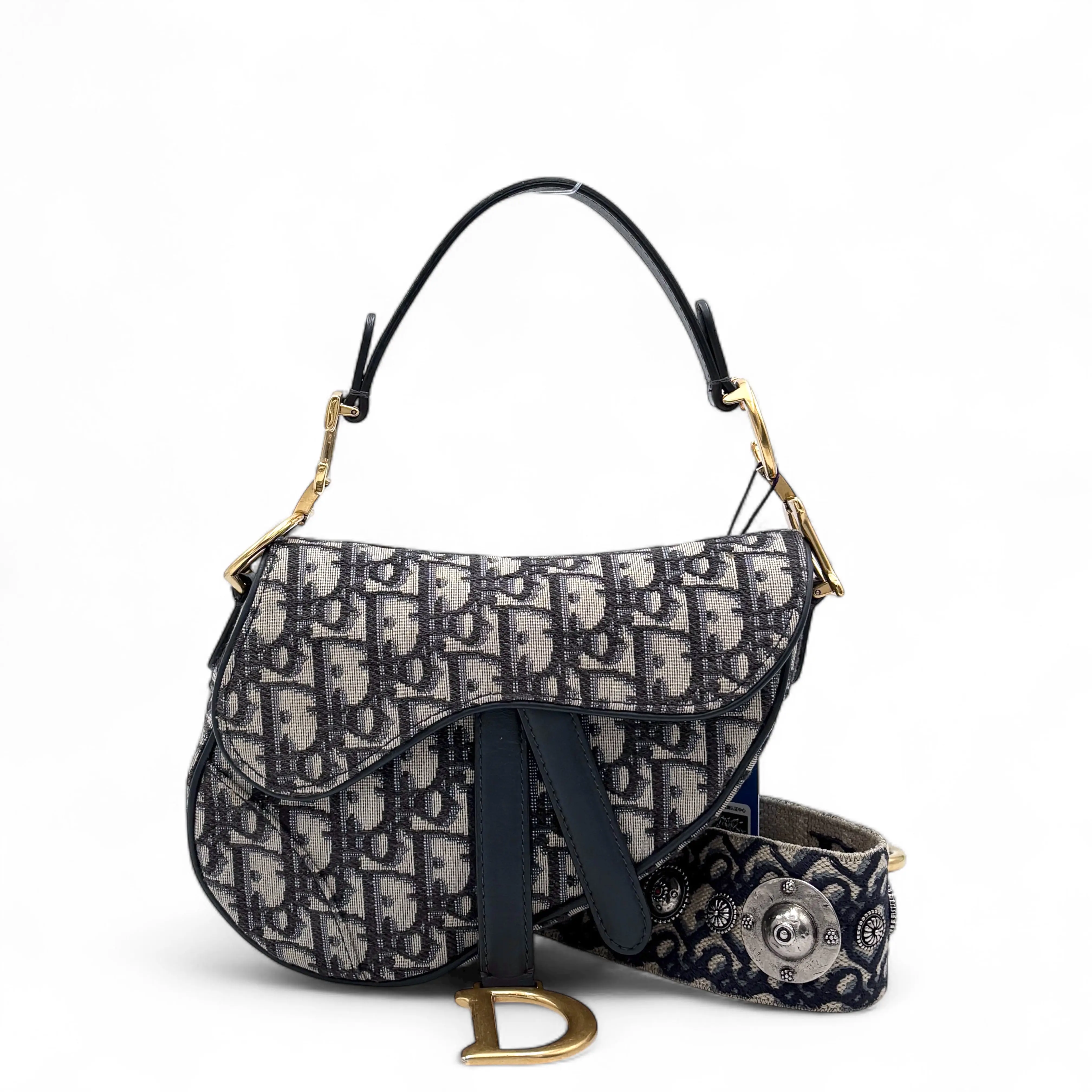 Pre-owned Dior Leather Tote Bags Small Saddle Bag Obique Black Grey Dark Blue (jd0420a0)