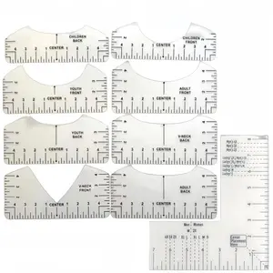 Tshirt Ruler Guide Chest Logo Placement Tool, 9 PCS T-Shirt Ruler Guide for Vinyl Alignment,Suitable for Transparent V-Neck/Round, Youth Adult Heat Press Printing Pattern﻿