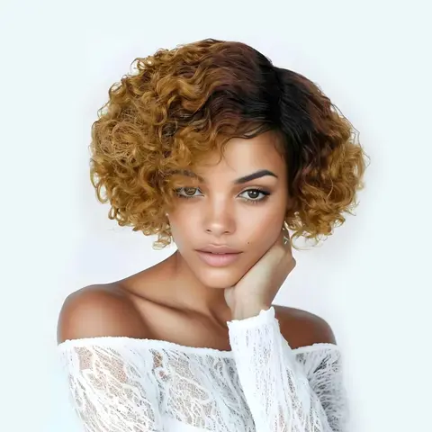MIUULAAR Wear And Go Glueless Human Hair 6inch Women's Short Curly Afro Wig with Bangs Full Machine Made Natural Appearance Human Hair Wig for Daily Wear Lightweight Warm Caramel Highlights Color Blend Rich Dark Roots Lifelike Look Texture