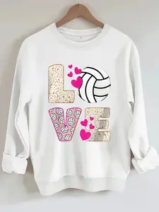 Women's Volleyball Lover Love Graphic Print Round Neck Valentine's Day Sweatshirt, Casual Long Sleeve Fitted Pullover, All Seasons Comfort