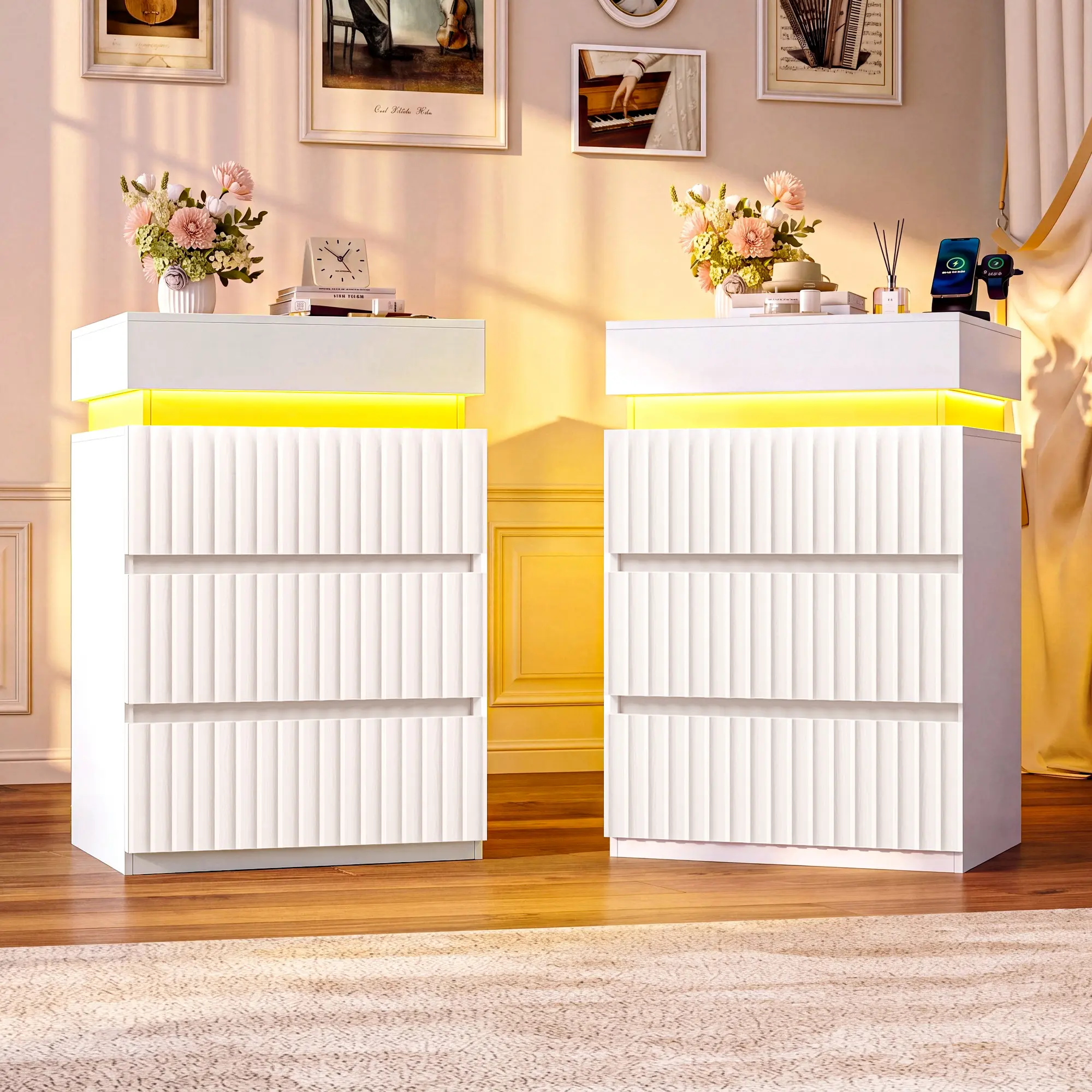 Fluted Nightstand Set of 2 with LED Lights & USB Charging Station, Bedside Table with 4 Drawers for Bedroom, White/Natural Oak