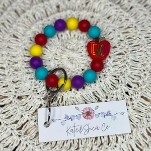 Red TEACH Apple Beaded Wristlet Keychain