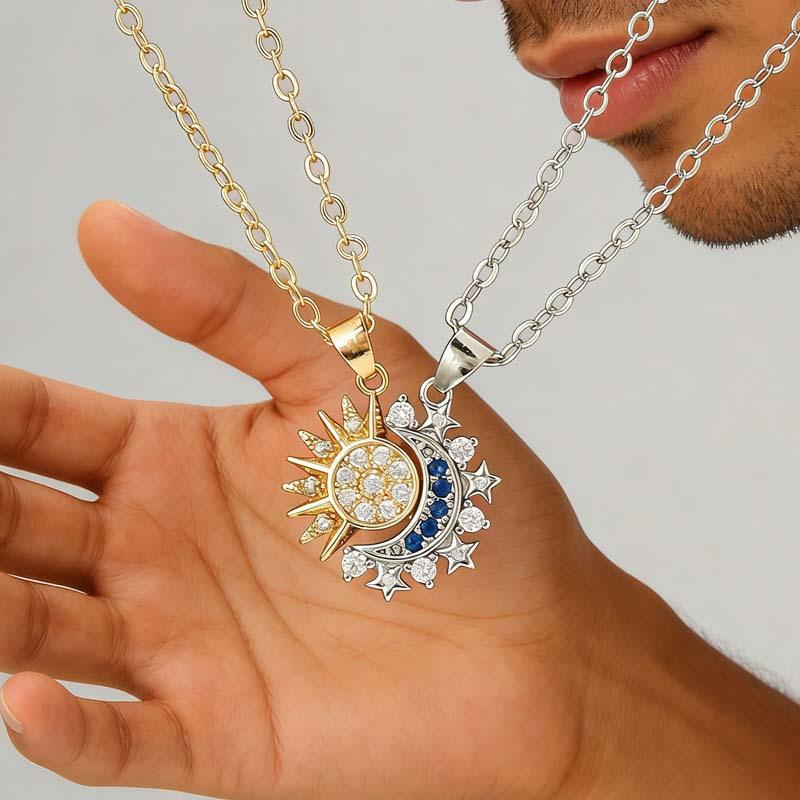 New moon and sun couple necklace with magnetic clasp, unisex clavicle chain
