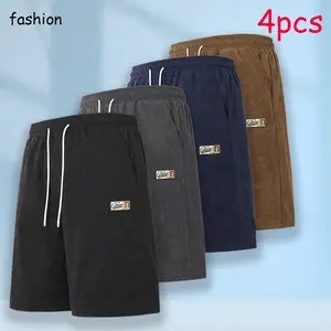Pack of 4  retro corduroy  for men summer casual, versatile, comfortable  with a drawstring elastic waistband; lightweight athletic wear; breathable fitness apparel for training and cycling; sports  set.versatile casual bop shorts  deal quick drying,summe