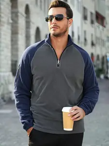 Men's Half - Zip Fleece Sweatshirt - Color - Block Raglan Sleeves, Warm Stand - Collar Pullover with Arm Zipper Pocket, Cozy Casual Top for Autumn/Winter Daily Wear, Outdoor Hiking & Leisure Occasions