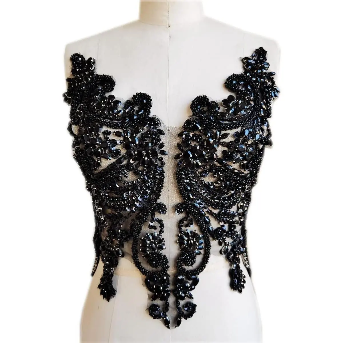 Handmade Rhinestones Lace Bodice Applique Sew on Beads Sequins Trimming Patches for Dress Clothing Accessories