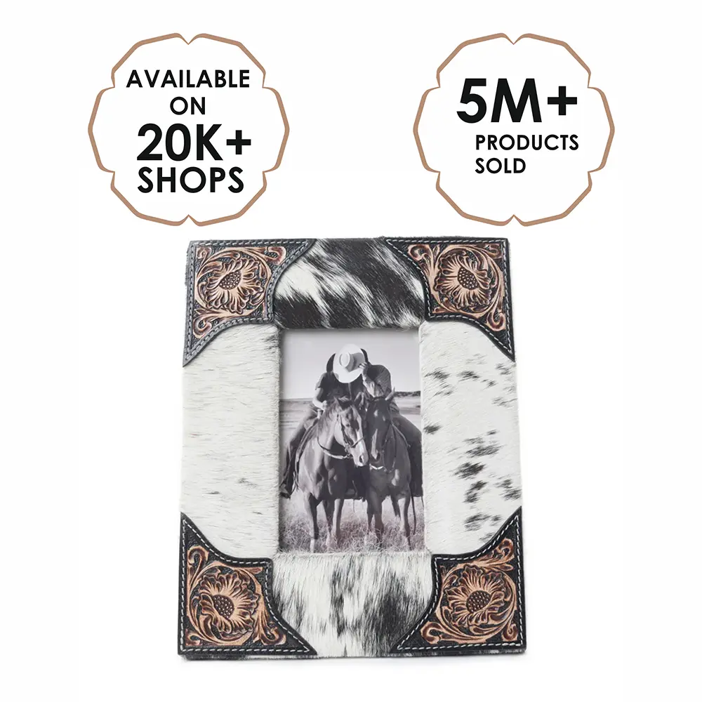 Myra Tumbleweed Trail Hair-On Cowhide Photo Frame in Black and White, Western Home Decor