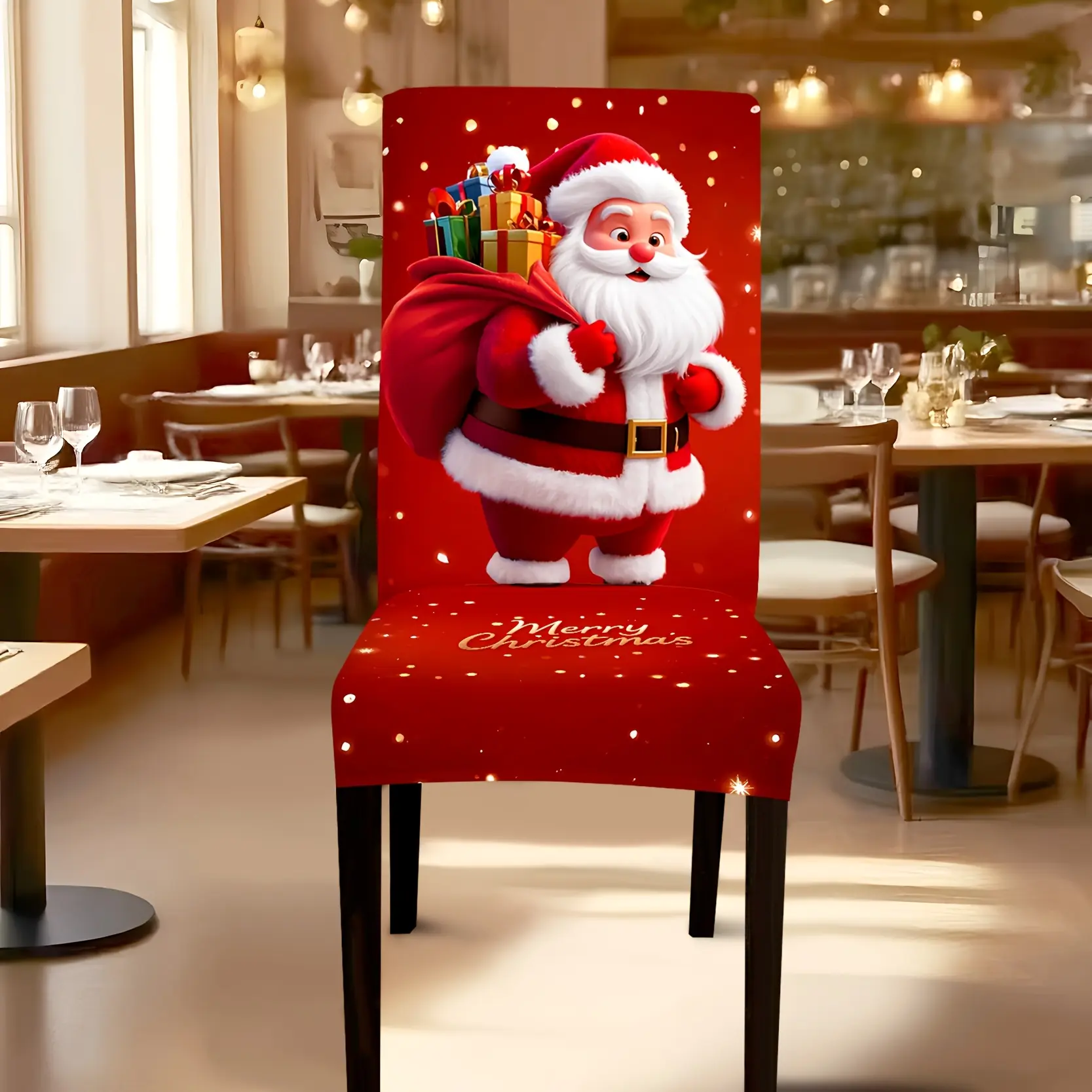 4-Pack Stretch Parsons Chair Covers, 3D-Style Printed Santa With Gift Bag Design, Machine Washable Christmas Holiday Dining Chair Slipcovers for Home Decor
