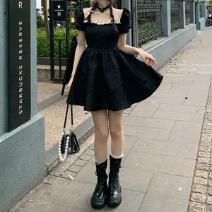 Women Summer Fashion High Waist Puff Sleeve Vestidos Vintage Lolita Style Square Collar A-line Dress for women set Casual Polyester