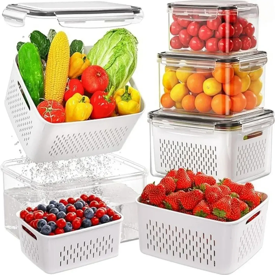 9-piece set of drain and preservation box, with hollow drain basket, refrigerator storage box, fruit and vegetable preservation box, food grade storage box, plastic food containers, Produce saver containers, suitable for refrigerator storage