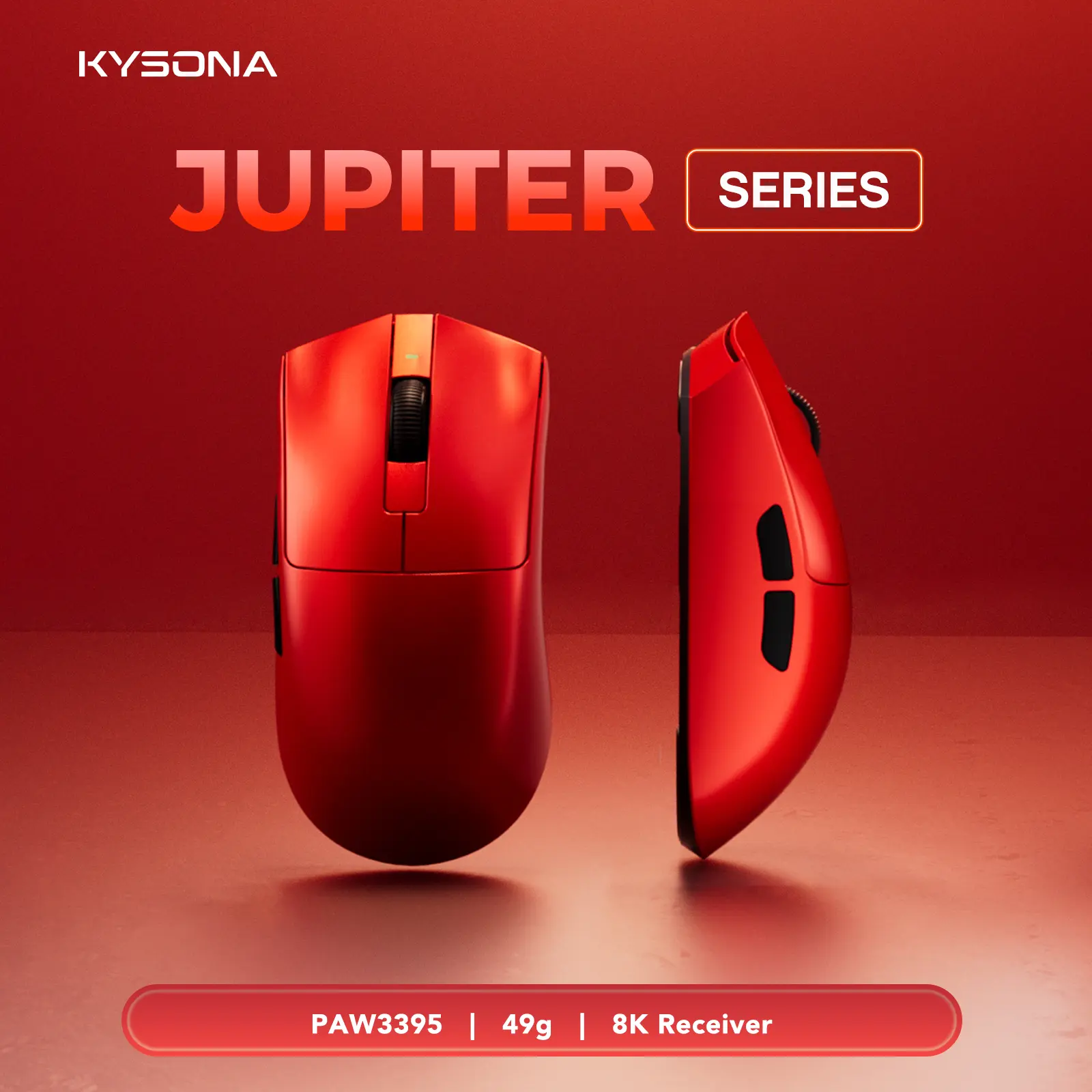 Kysona Jupiter Pro red wireless mouse PAW3395 flagship sensor 49g ultra-lightweight gaming mouse 8K wireless polling rate suitable for professional gamers with large hands
