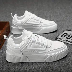 [Everyday Sneakers] Men's Classic White Casual Sneakers - Stylish Low-Top Lace-Up Shoes with Durable PU Upper & Sole, Comfortable Fabric Insole for Casual Attire