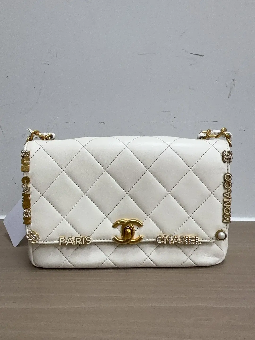 Pre-owned CHANEL Leather Crossbody Bags Classic Flap Small White Lambskin Paris Cities Letter Embellished Limited Edition Bag 23C 【BF 12Z】 KY01939