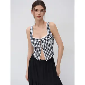 Cider Gingham Lace Trim Split Crop Tank Top SummerWins Dealsforyou