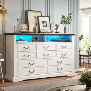 RaybeeFurniture 47.2“/”55.2''Wide Dresser for Bedroom, Wood Dresser with LED & Power Outlet, Vintage 6/10 Drawer & Chests of Drawers, TV Stand, Closet,Hallway