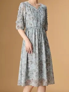 Boho Floral V-Neck Dress, Women's Spring Summer Long Sleeve Chiffon Dress, Elegant Pearl Waist Belt, Detachable Cinched Waist, Zipper Side, Casual Wear