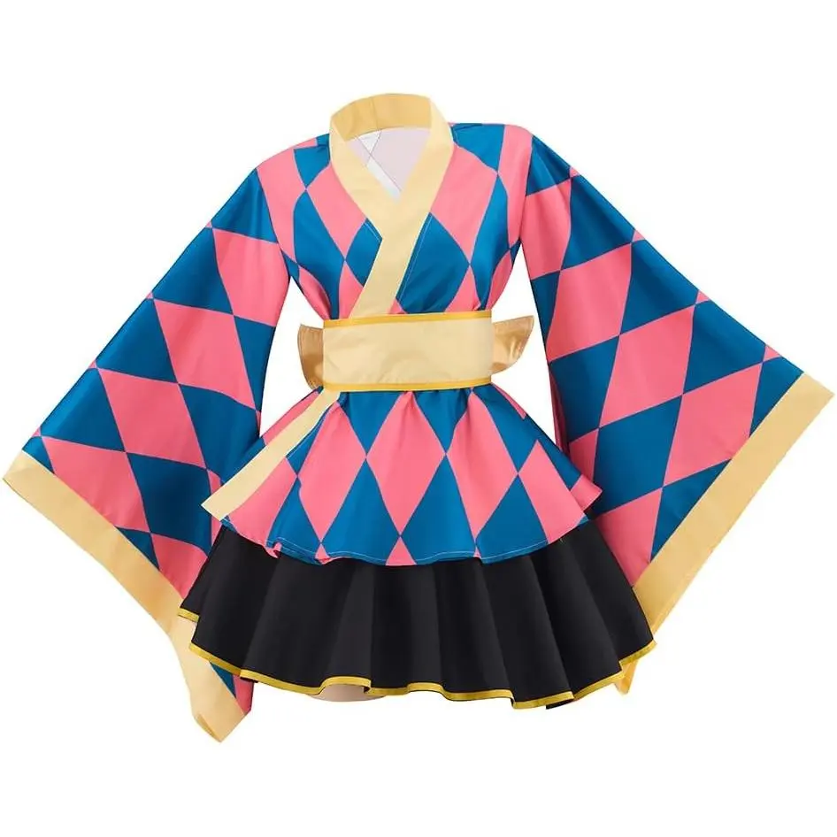 Howl Cosplay Costume Pink Kimono Dress with Bow Women Lolita Outfit Halloween Suit