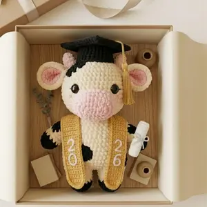 Crochet graduation cow plush, handmade amigurumi cow doll, personalized class of 2026 gift, cute grad cow keepsake, physical toy decor