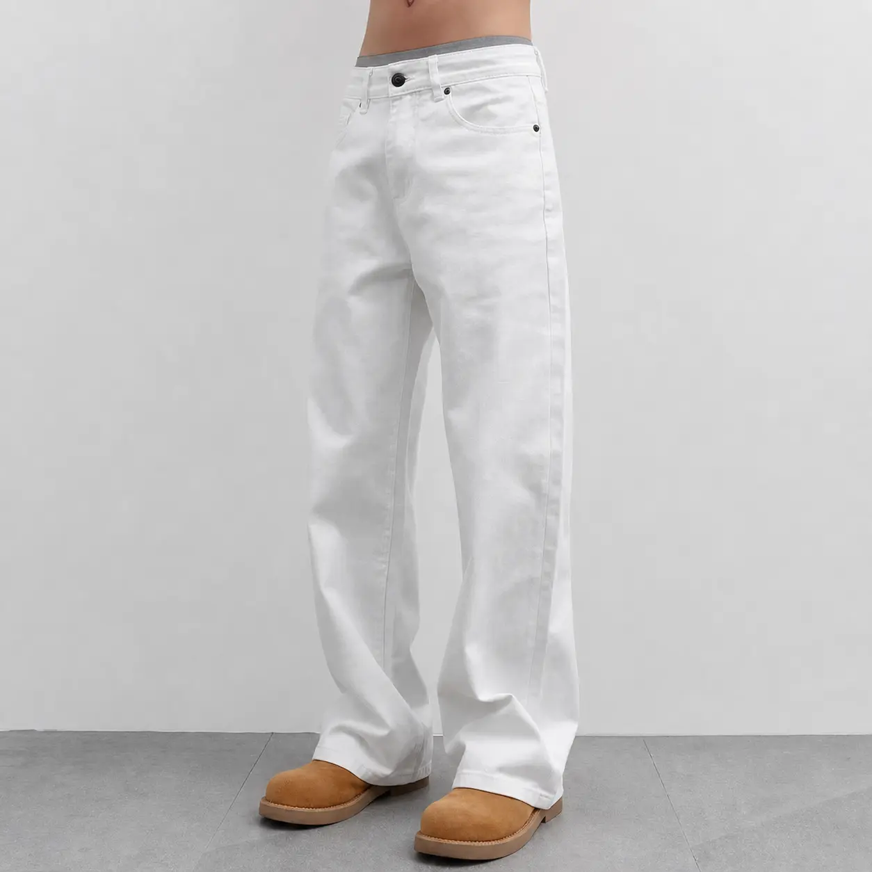 Men's Pure White Straight-Wide Leg Jeans, Classic 5-Pocket Design, Button-And-Zip Fly, Solid-Color Non-Distressed Minimalist Street Style All-Season Casual Pants