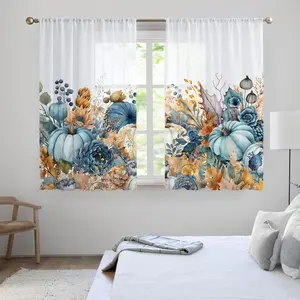2pcs Autumn Pumpkin Leaf Sheer Curtains, Rod Pocket Thin Fabric for Kitchen Cafe Bedroom Bathroom, Small Sheer Drapes