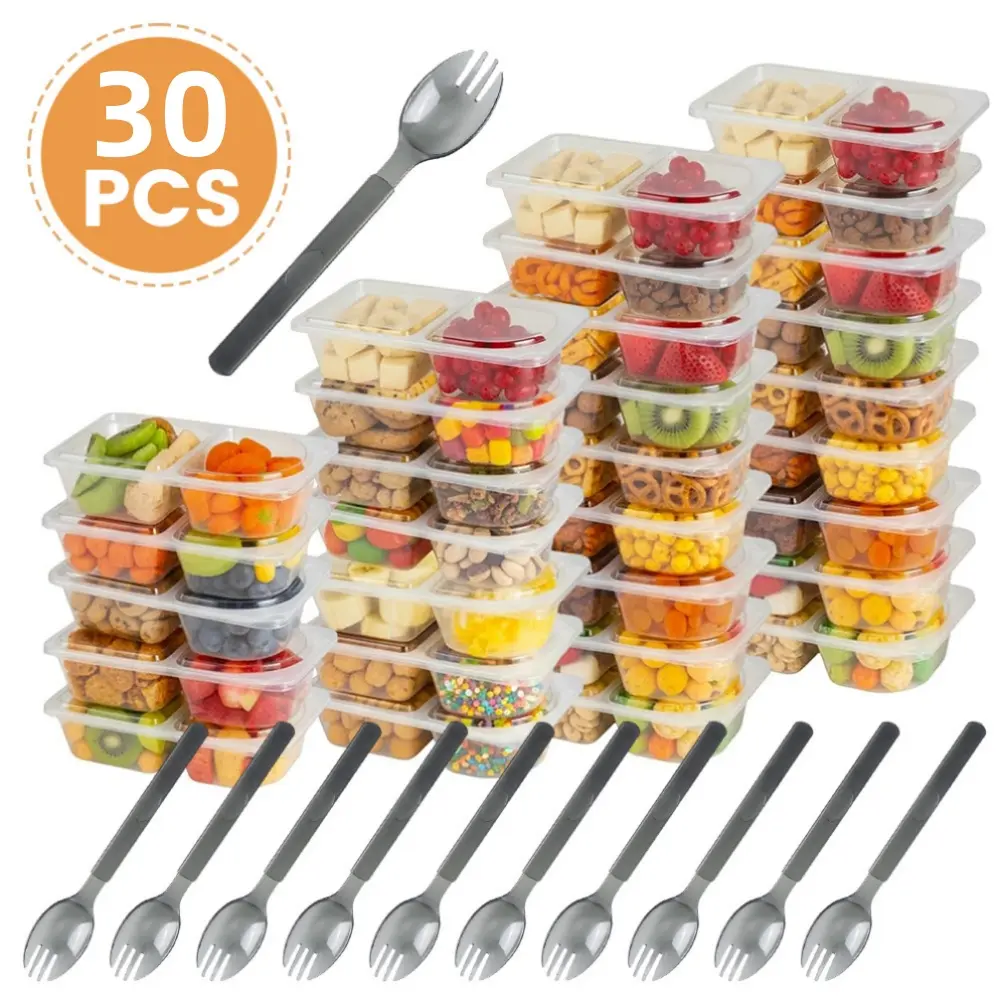 30 pcs Reusable Snack Containers with Lids Double Compartment Snack Containers Camping Snack Tray for Office, Travel, Gym