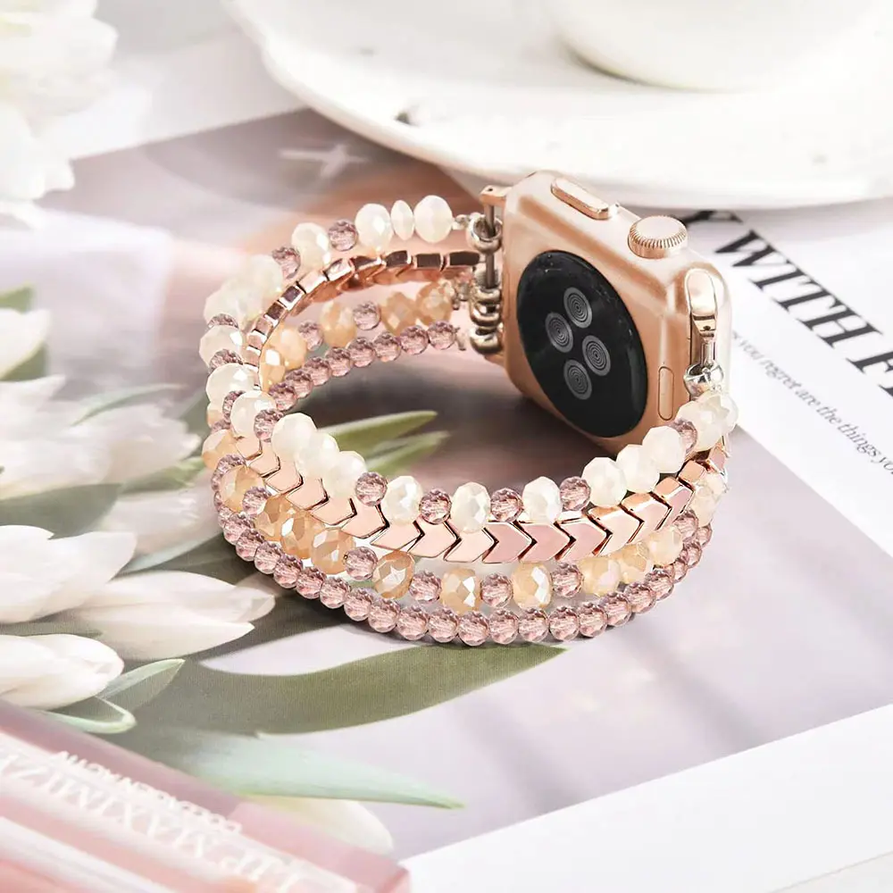 Women Bracelet Link Beads Strap For Apple Watch Series SE 11/10/9/8/7/6/5/4/3/2/1,38 40 41 42 45 46mm Elastic Band,Fashion Women's Wristband