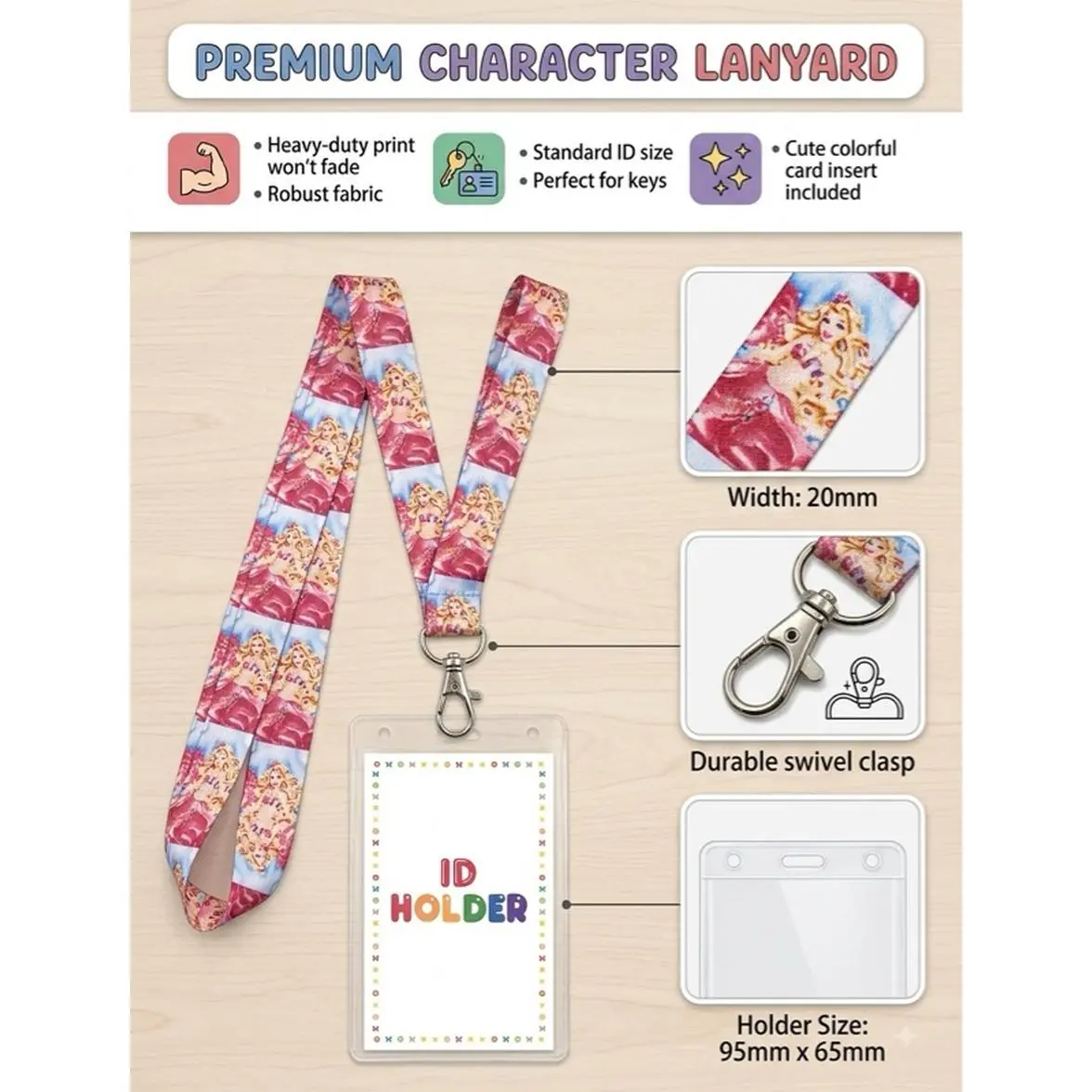 Girls ID Holder with Pink Lanyard and Clear ID Card Holder for Kids - Durable Swivel Clasp & 95mm x 65mm Size