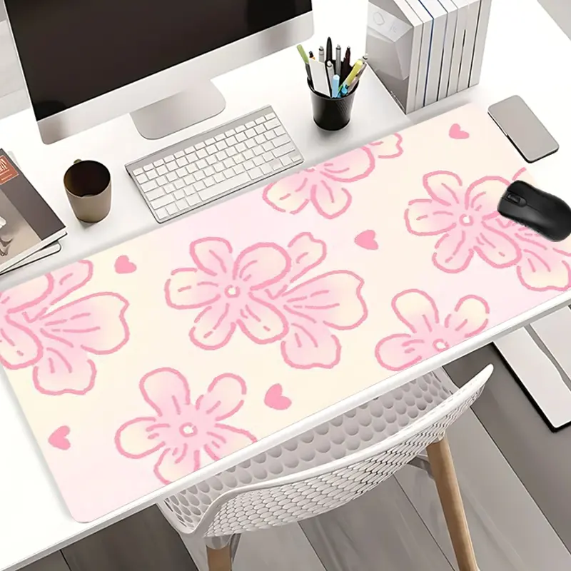 Simple Pink Flowers Gaming Mouse Pad Extra Large Computer Mouse Pads for Desk xxl Mouse Pad for Laptop Big Mouse Pad Extended Mouse Pad with Non - Slip Rubber Base Stitched Edge for Home and Office Desk Accessories
