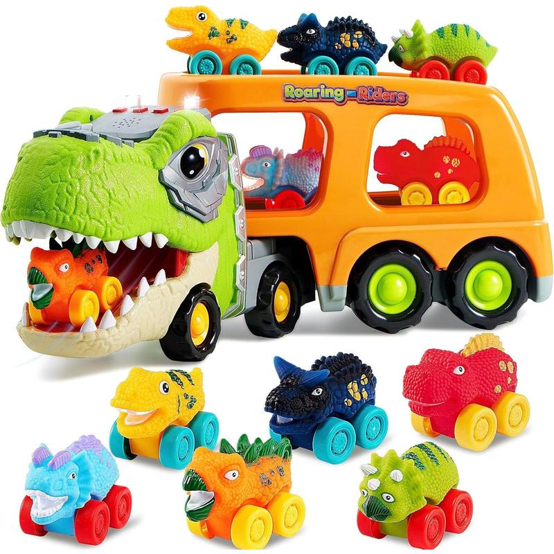 Dinosaur Toys for Kids 2-4, Toddler Boy Toys, Dinosaur Carrier Truck with 6 Rubber Car Vehicles, Christmas Birthday Gifts with Music & Lights for 2 3 4 5 Year Old