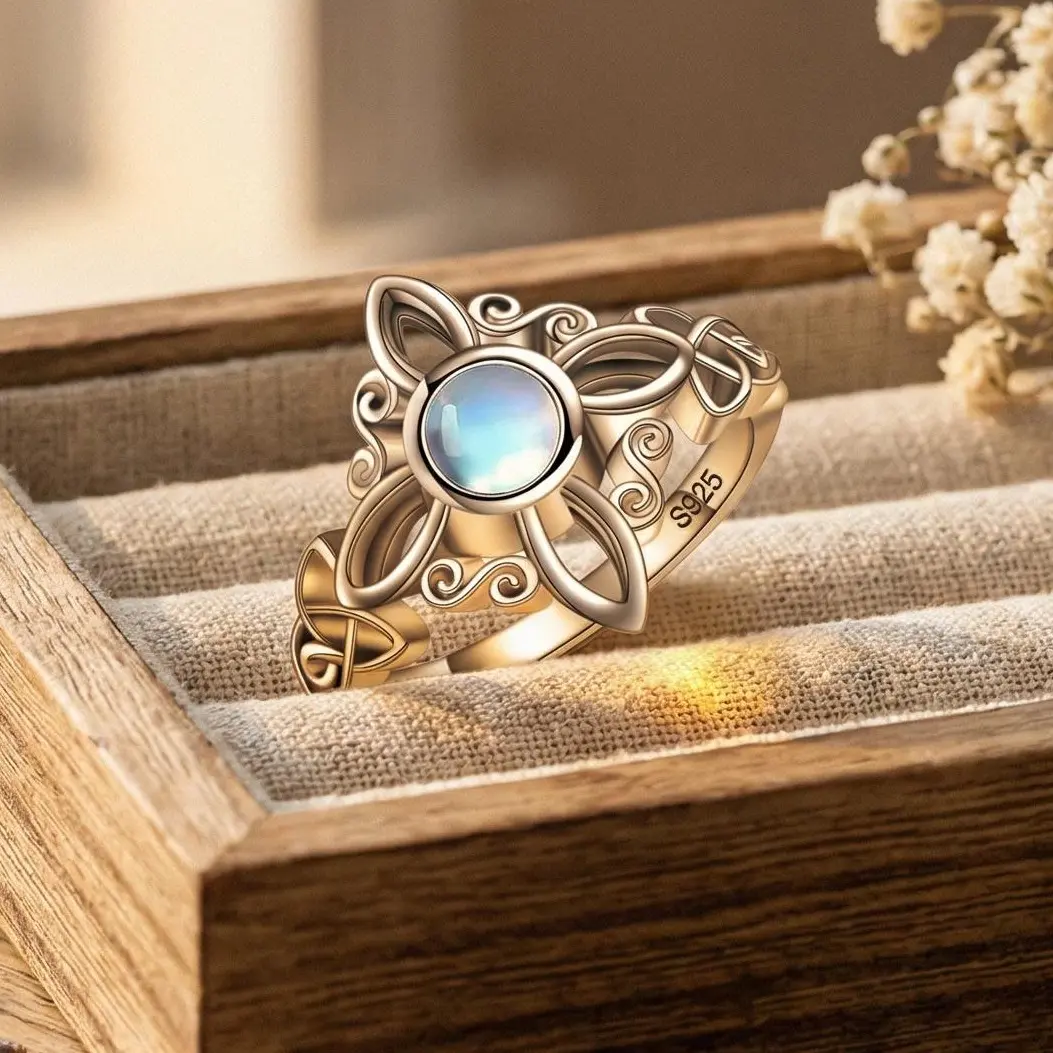 S925 Synthetic Moonstone Protection Ring - Celtic Knot-Witch Knot Design, Elegant Artificial Gemstone Rings for Pagan Lovers, Ideal Birthday Gift for Daily/Everyday & Party Wear, Band, Adults
