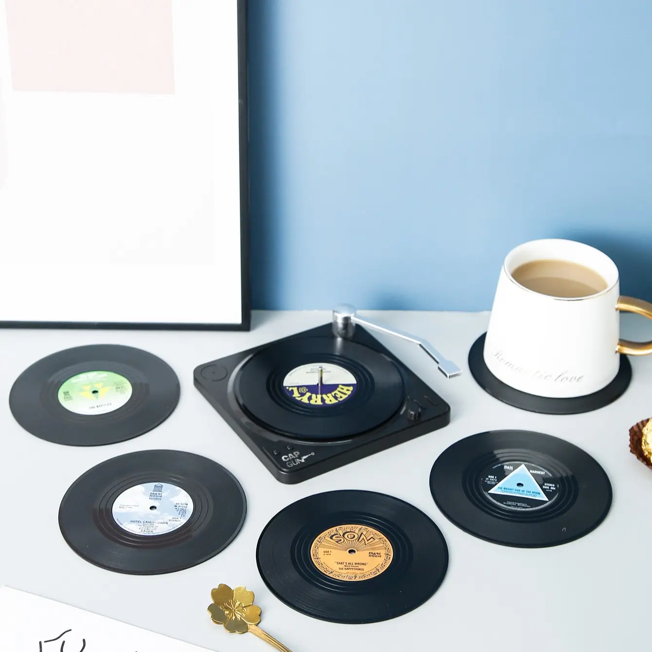 Vintage Vinyl Record Cup Mats Set of 6, Includes 1 Vinyl Record Player Stand Mat, Coffee Table Decor, Beverage Cup Mats, Fun Music Mats, Coasters