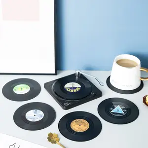 Vintage Vinyl Record Cup Mats Set of 6, Includes 1 Vinyl Record Player Stand Mat, Coffee Table Decor, Beverage Cup Mats, Fun Music Mats