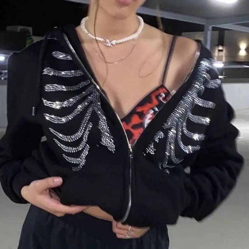 Y2K Rhinestone Skeleton Hoodies Gothic Black Zip Up Oversized Sweatshirts Female Retro Harajuku Hooded Jacket Streetwear