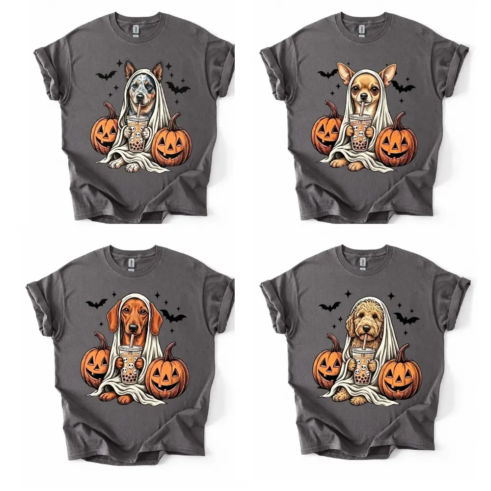 Dog Shirt 50+ Breeds Available, Custom Ghost & Boba Tea Halloween Tee, Cute Spooky Fall T-Shirt, Personalized Dog Lover Gift, Funny Boo Boba Pet Mom Shirt, Trick or Treat Dog Mama Top Tee USA -DPCLICK