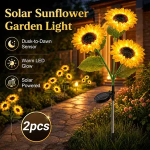 2 Pack Solar Sunflower Garden Lights with 3 Heads, Premium Auto-On at Dusk Light Sensing Decorative Garden Lights Outdoor Decor, Realistic Sunflower Design, Warm LED Landscape Accent, Long Lighting Time, for Yard, Patio, Deck and Pathway